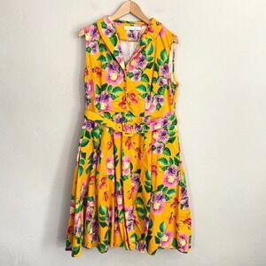 Miss Lulo Swing Dress Women Size 1X Yellow Floral Belted Sleeveless